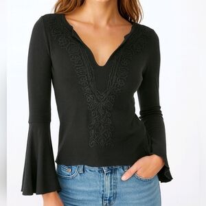 Fang Top Black Sparkle Long Bell Sleeve V Neck Y2K Whimsigoth Fairy Size S